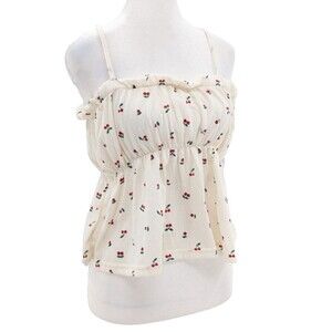 Cherry Pattern Gauze Beige Ruffles Stretch Cropped Tank Top Blouse Size XL